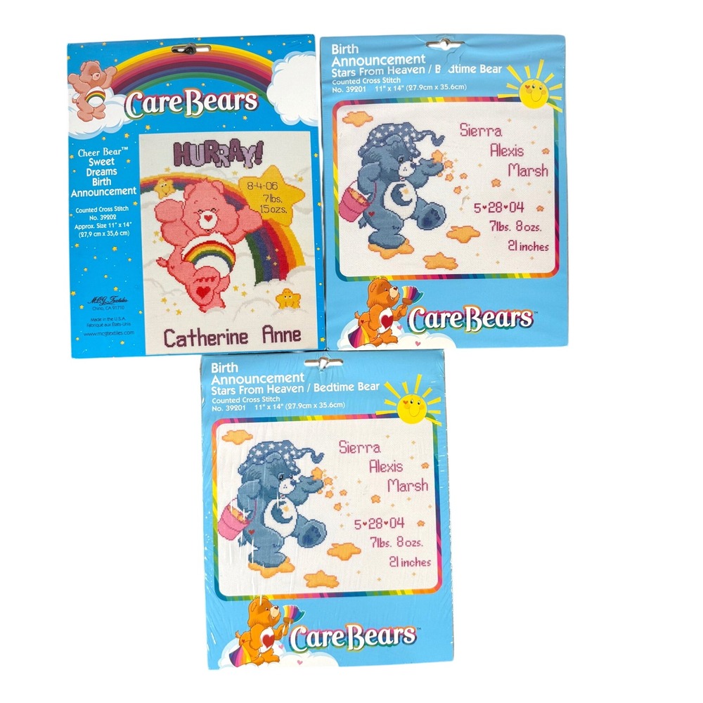 Care Bears Birth Announcement Cross Stitch Kit Lot of 3 11x14 2004 USA NWT